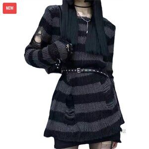 Oversized Striped Pullover Sweater Hollow Out Ripped Long Sleeve Y2K Goth